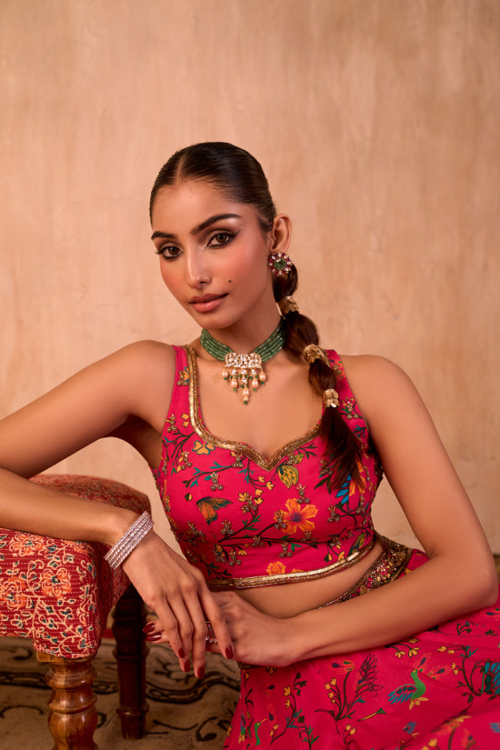 PINK PRINT EMBROIDERED CHOLI, LEHENGA AND DUPATTA SET - image 2