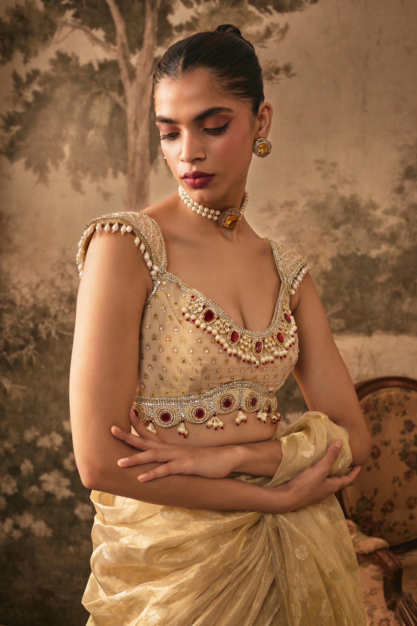 Champagne Gold Tissue silk pre -draped Saree with Embellished Blouse