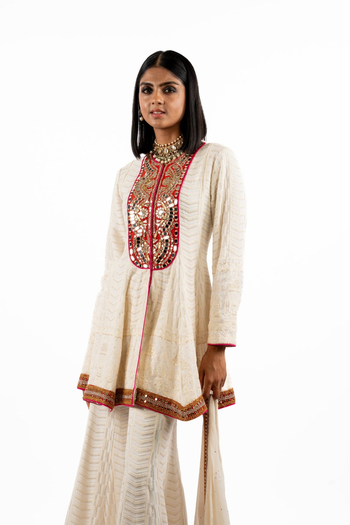 Ivory Mirrorwork Kurta Set with Flared Sharara