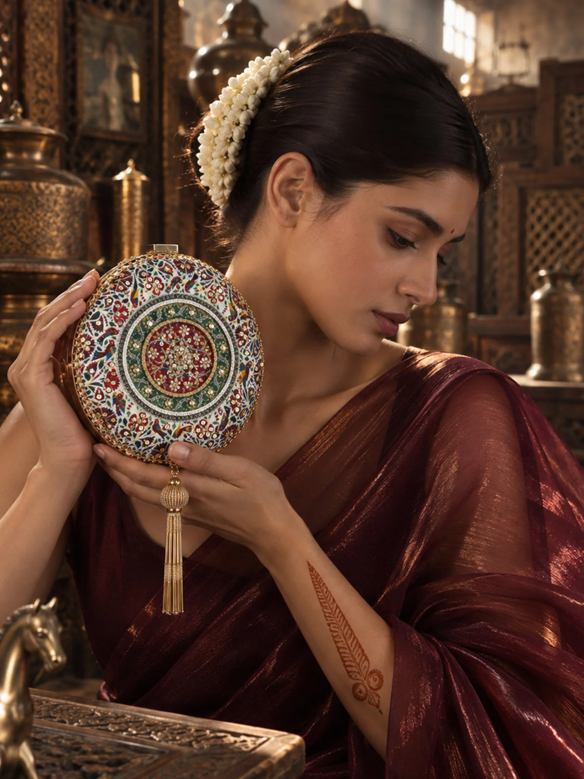 Ivory Bird Motif Printed Embroidered Round Clutch Bag with Gold Tassel