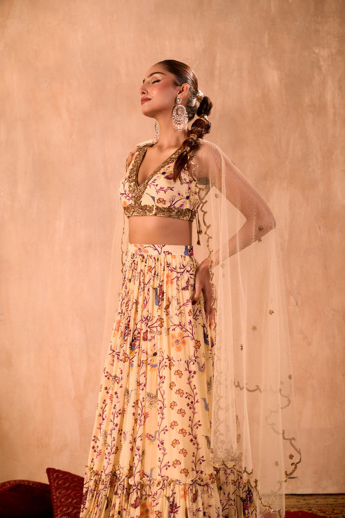 IVORY PRINT EMBROIDERED CHOLI, LAYERED LEHENGA AND DUPATTA SET - image 2