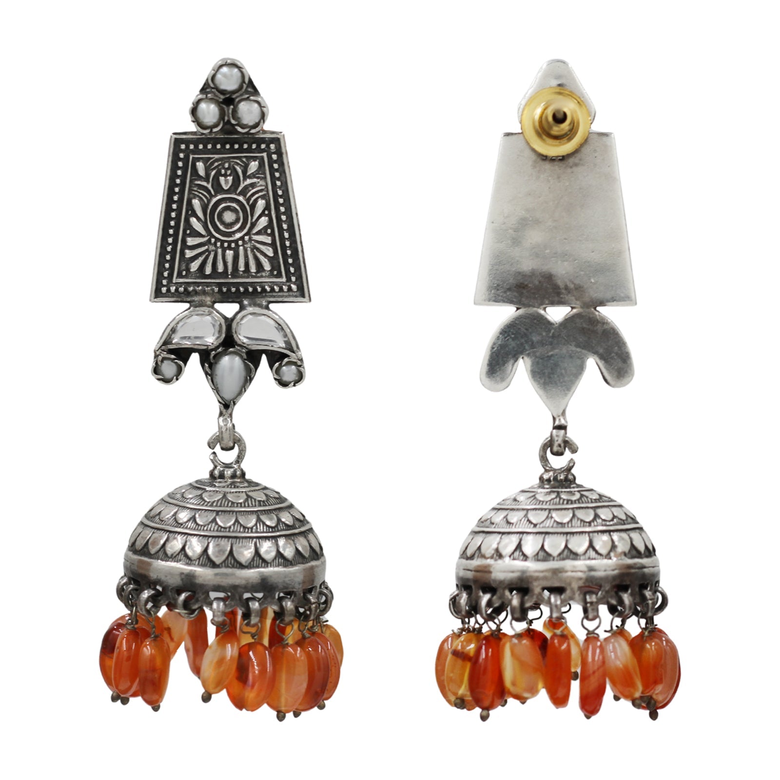 Sangeeta Boochra Heritage Oxidised Silver Earrings with Orange Hanging Beads