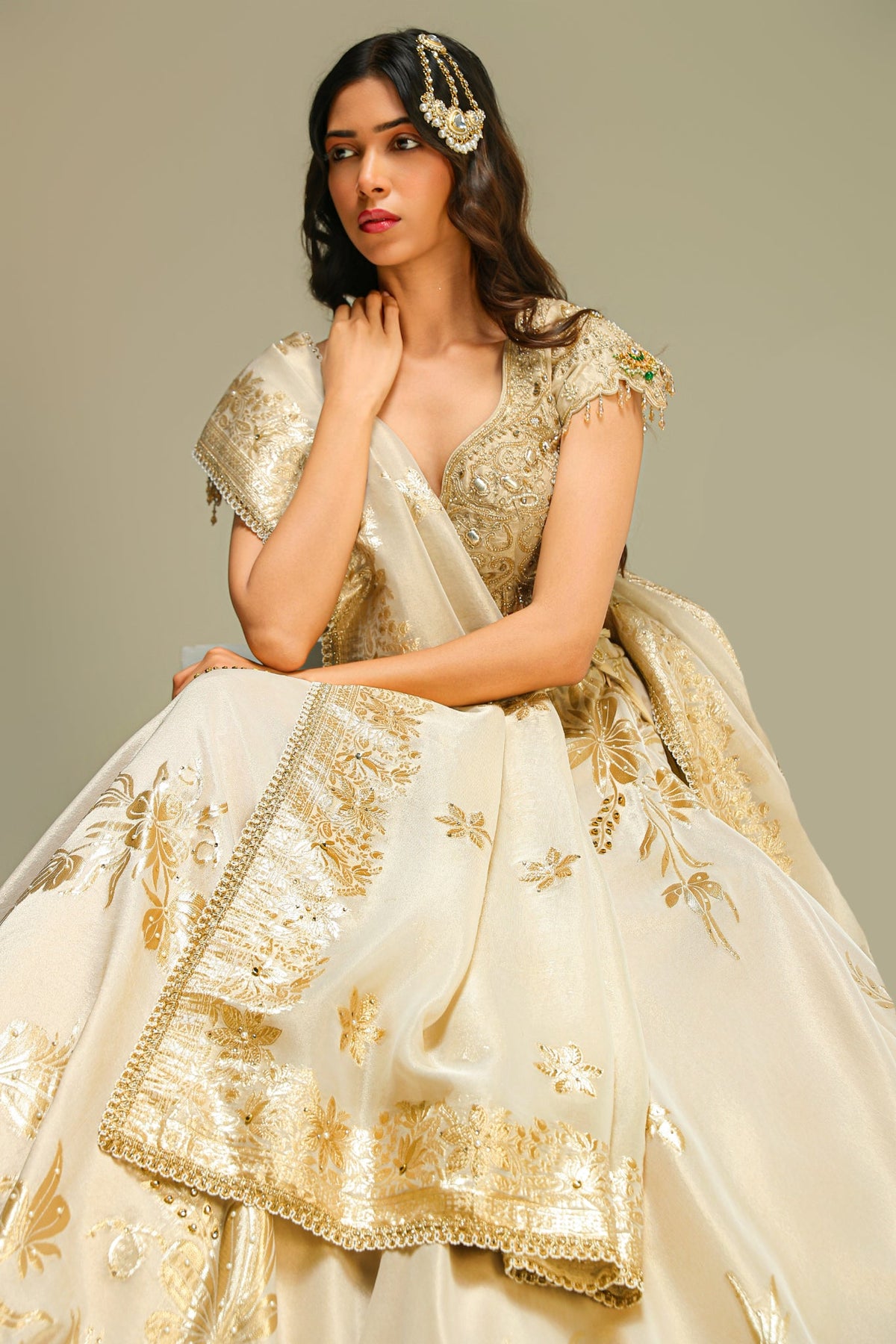 Ivory Banarasi Tissue Lehenga Set with Dupatta