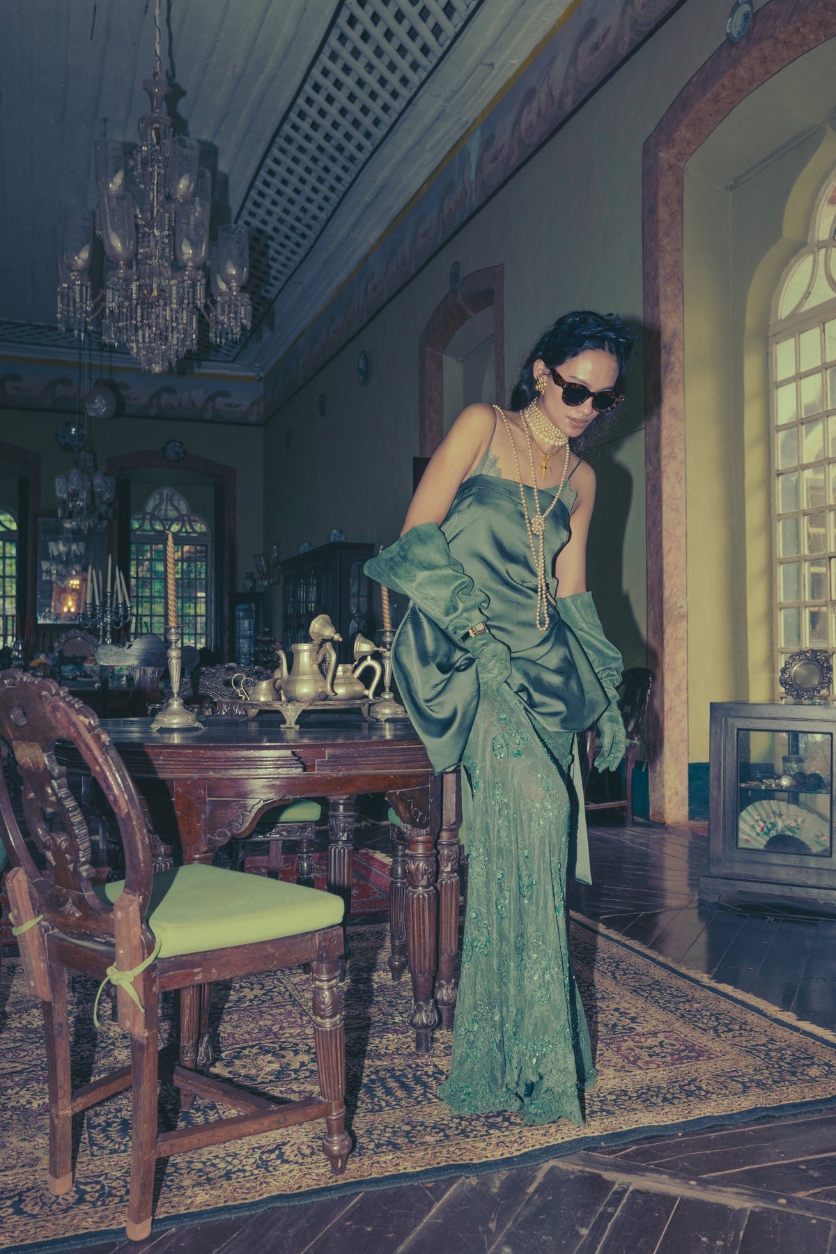 Green, Sequin Embroidery, Silk Satin & French Lace, Cocktail Dress Set, Asymmetrical Silhouette