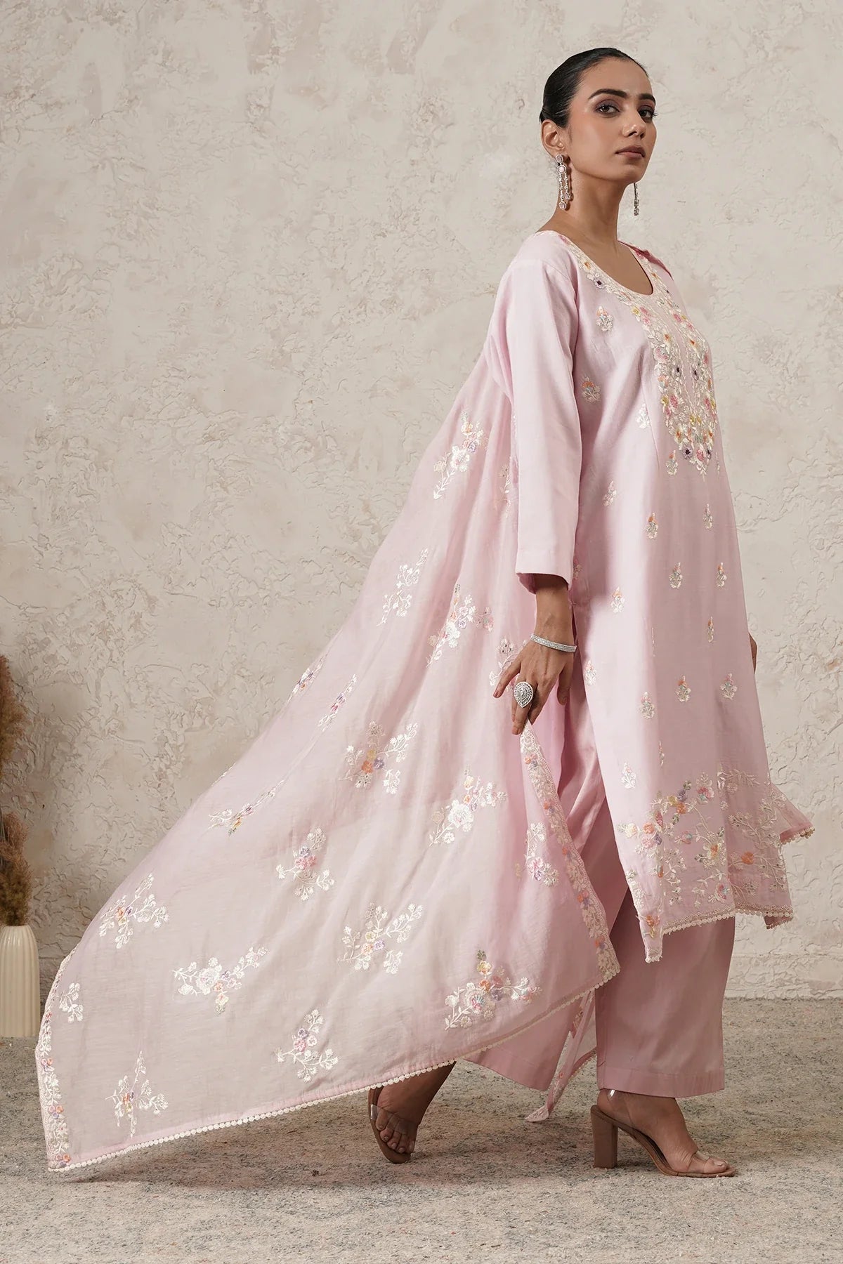 Gulabi Hand-Embroidered Kurta Palazzo Set with Dupatta | Light Pink | Chanderi & Satin | Women | THETAA