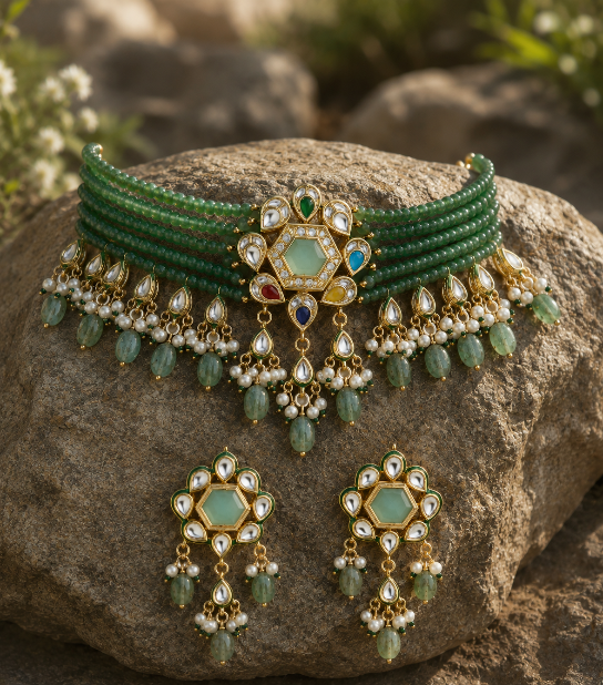 Green Beaded Polki Choker Set with Statement Earring
