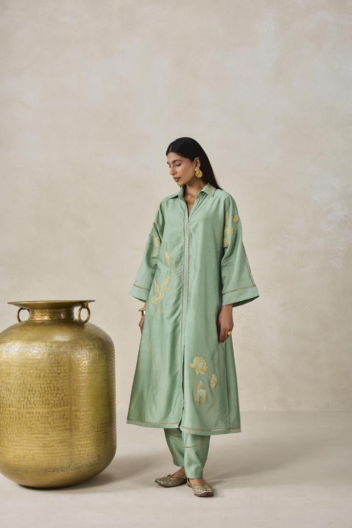 Sage Green Chanderi Shirt Kurta Salwar Set for Festive Wear