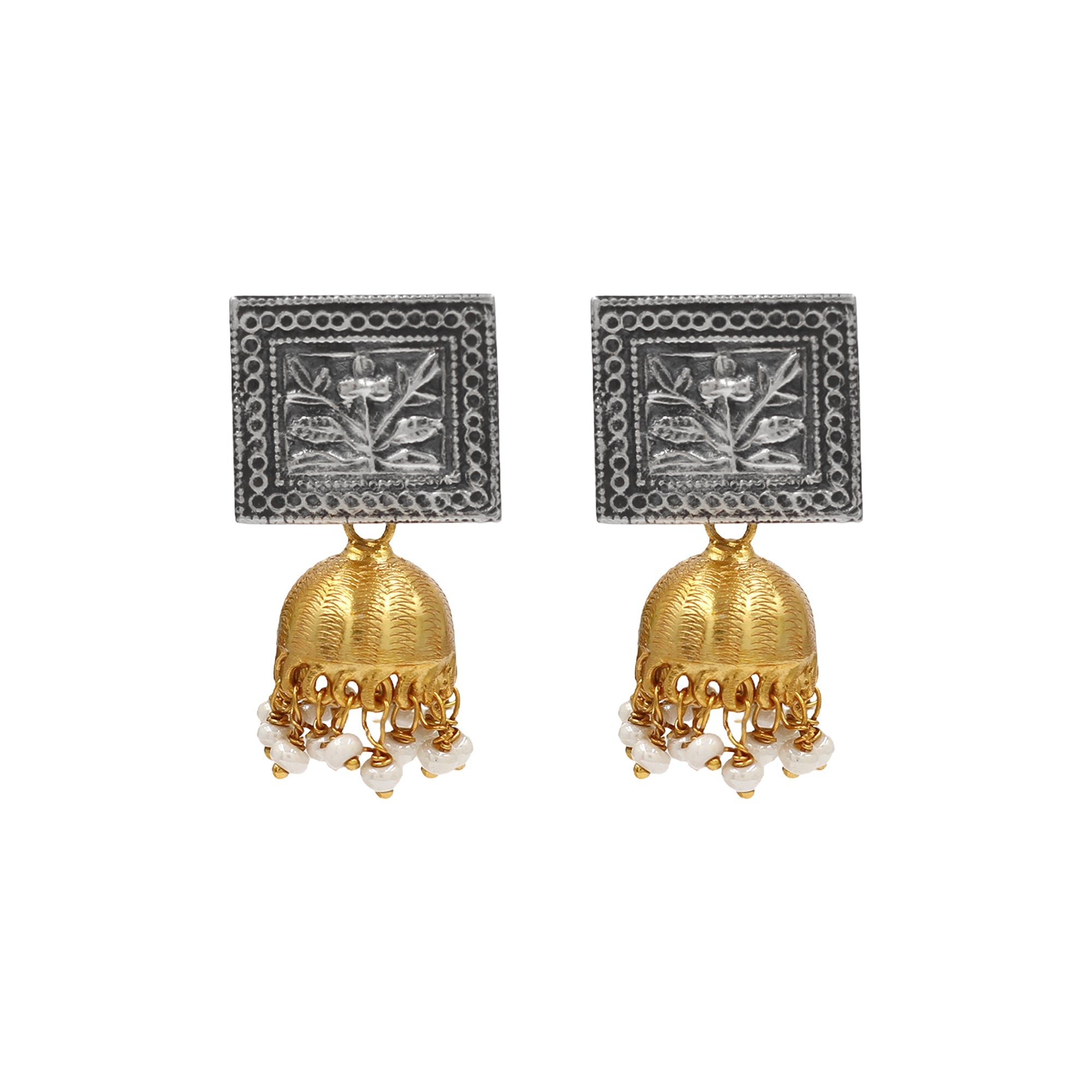 Floral Motif Silver Stud with Gold Jhumka Drops  Sangeeta Boochra