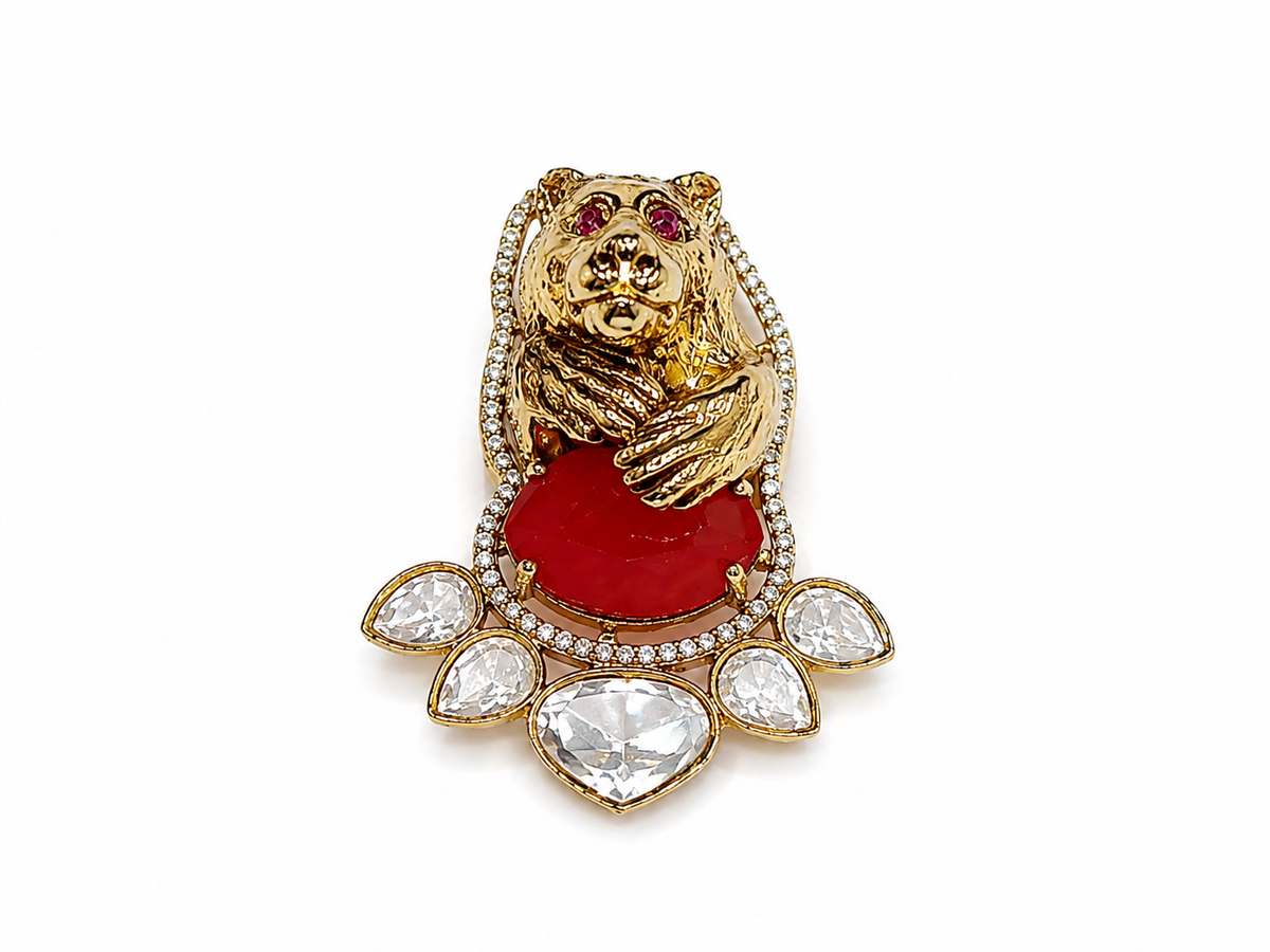 Gold Plated Stone Bear Motif Brooch