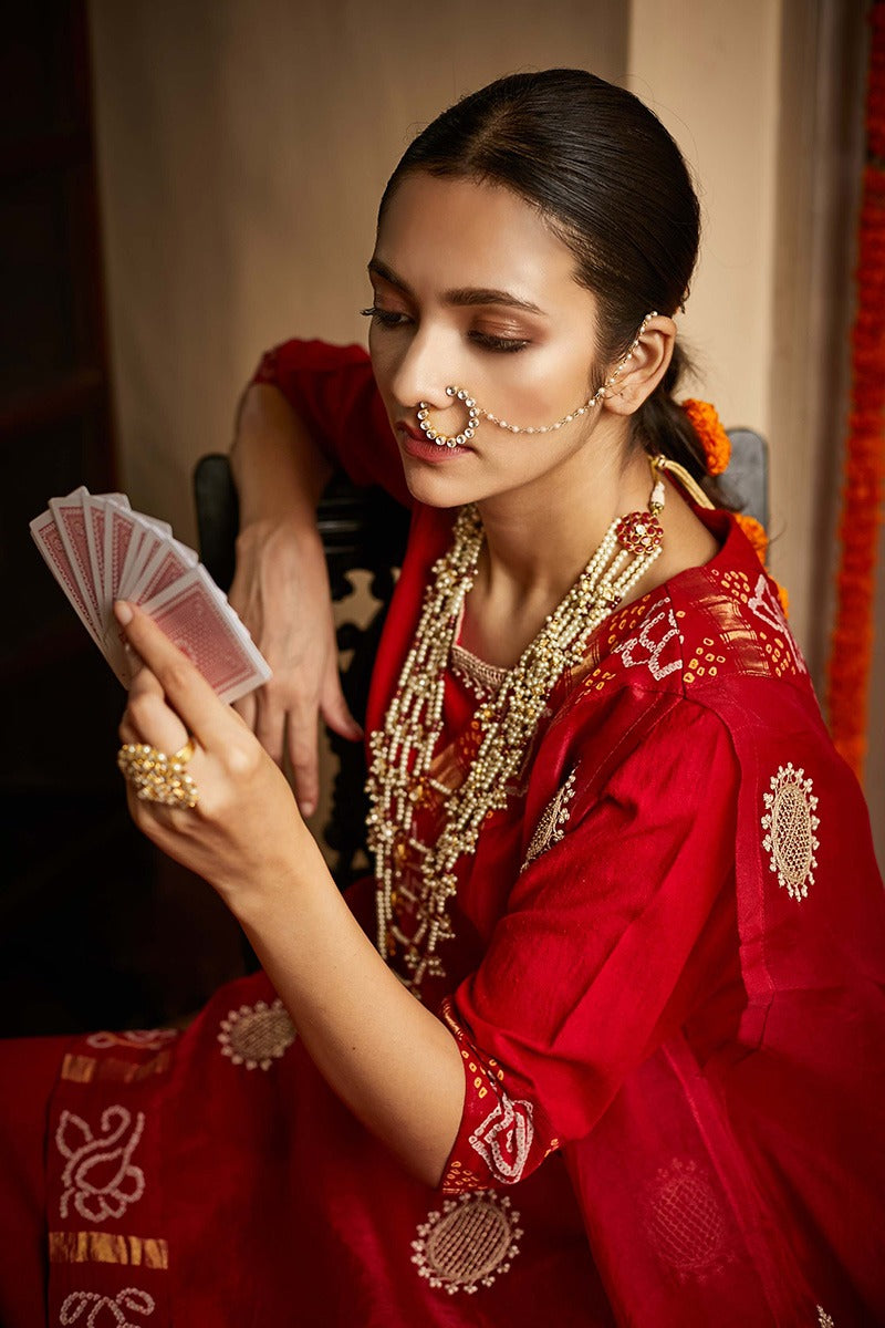 short top,harroms and drape dupatta with gharchola detailing and embroidery