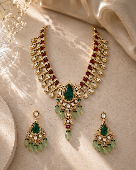 Emerald Green Moissanite Polki Pendant Necklace Set with Ruby Accents & Statement earring