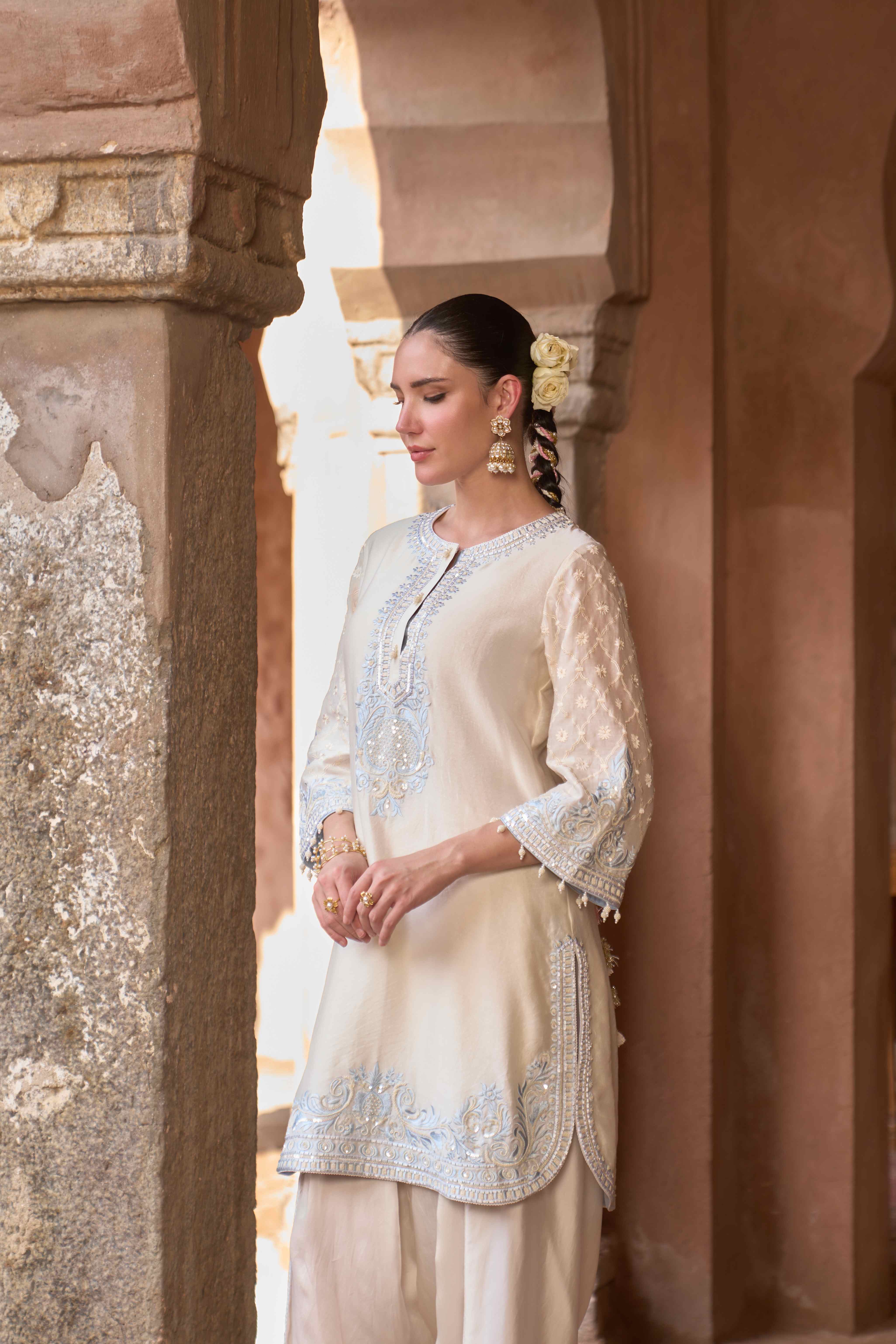 RUHI - DAISY IVORY WITH BLUE SHORT KURTA AND DHOTI