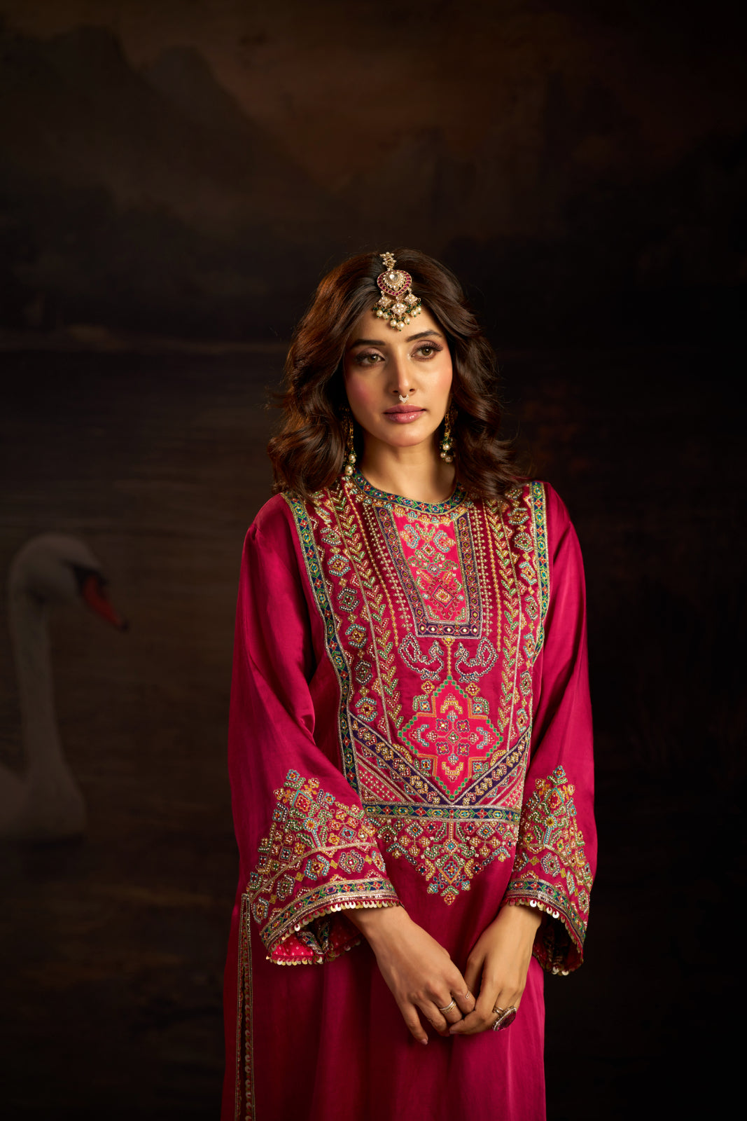 Magenta Pink & pink hand embroidered pakistani kurti set