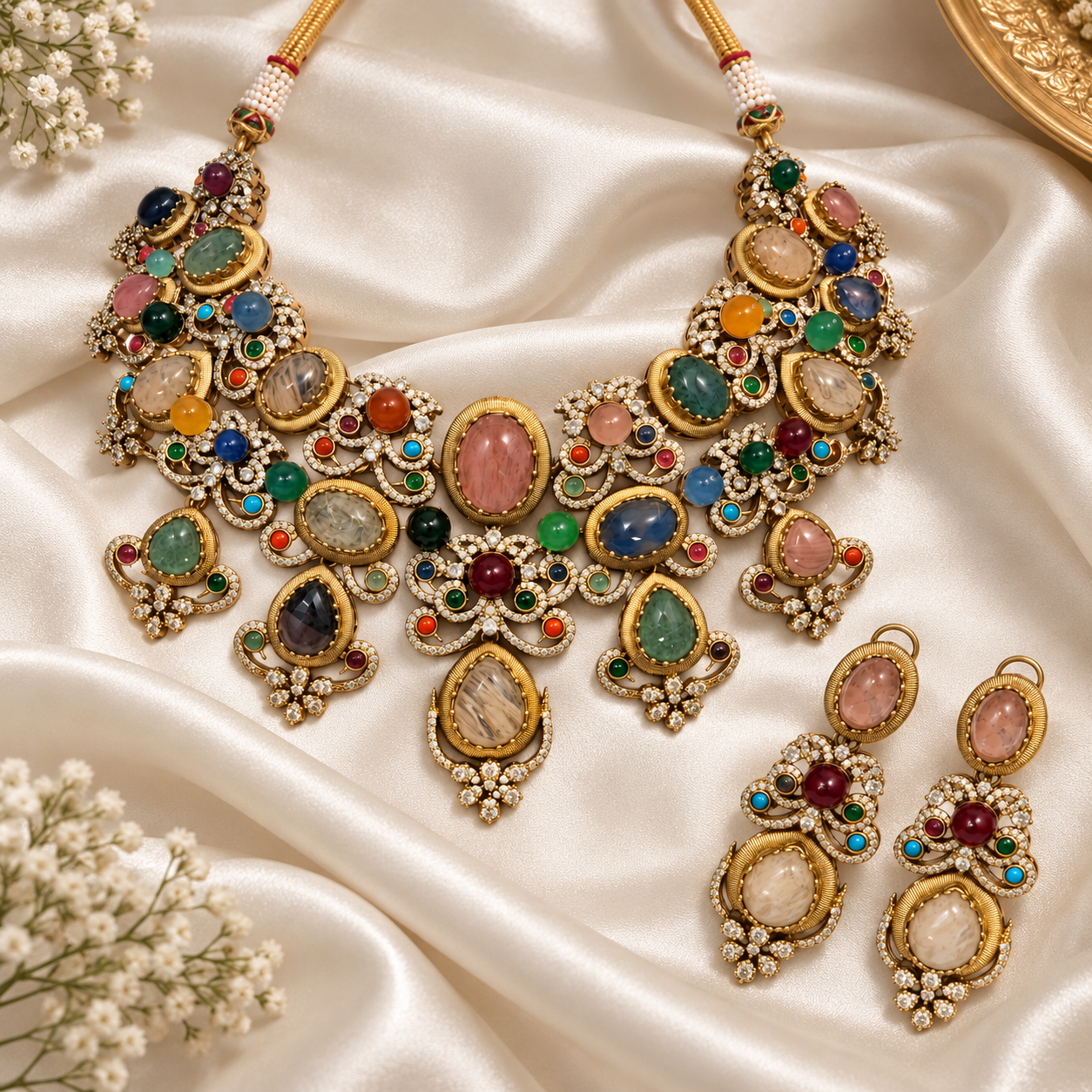 Multicolor Cabochon Floral Necklace Set