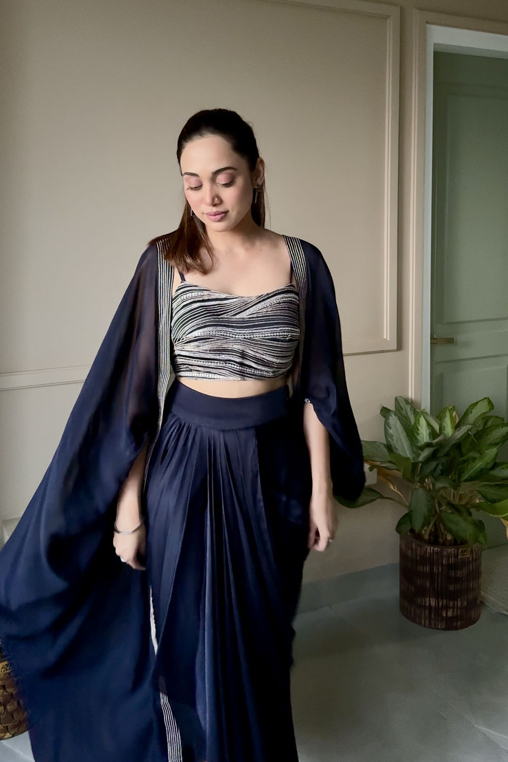 Navy Blue Crystal Embroidered Cape Set with Signature Pickup Skirt