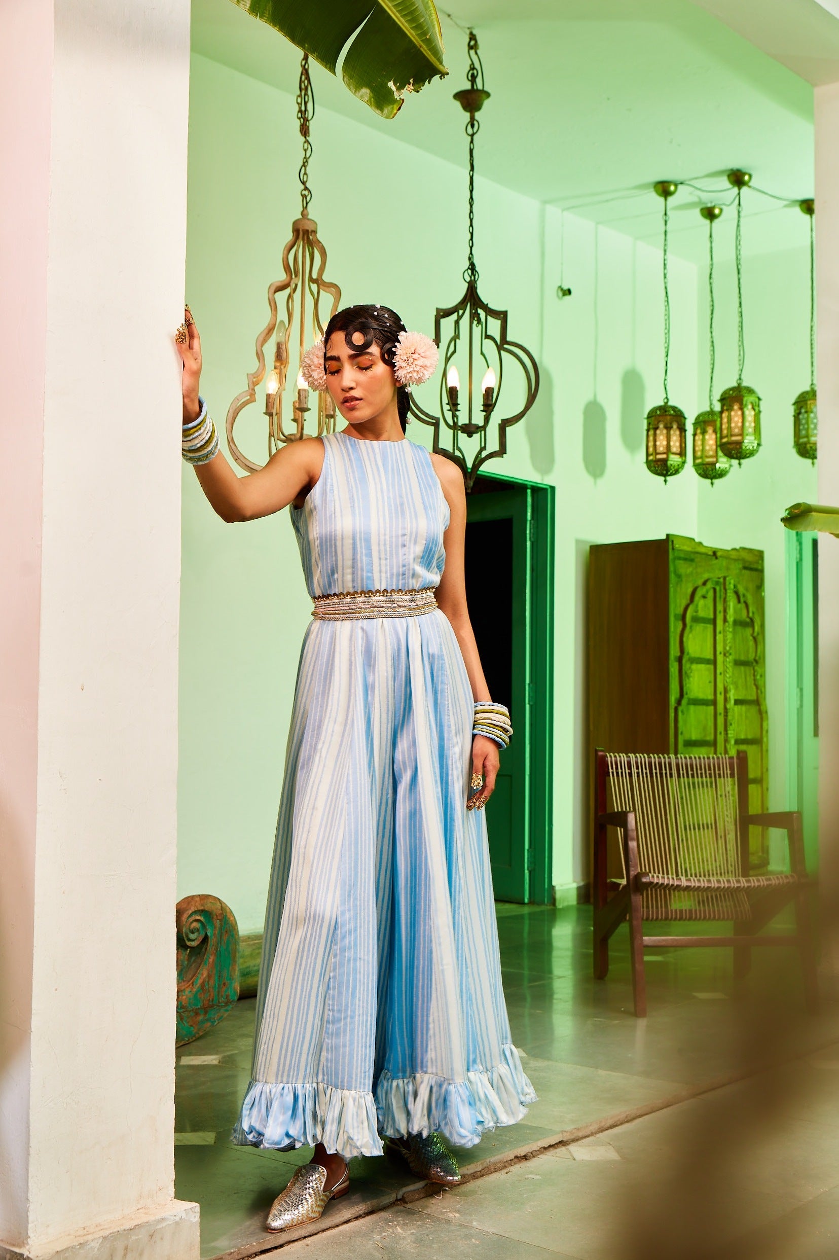 Powder Blue Frill Jumsuit With A Belt.