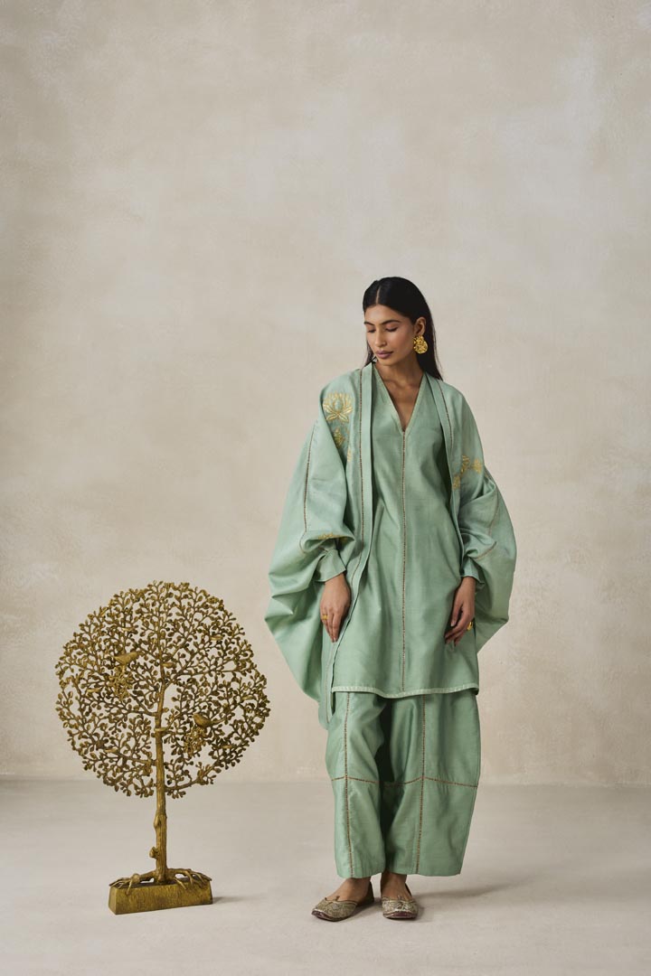 Sage Green Chanderi Jacket Style Kurta Set with Applique Work