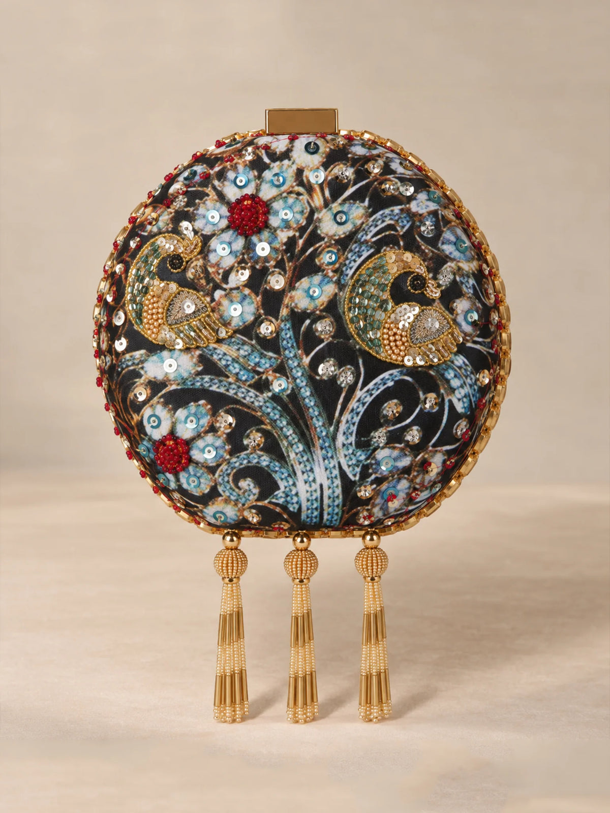 Black Jewel Peacock Print Embroidered Round Clutch Bag