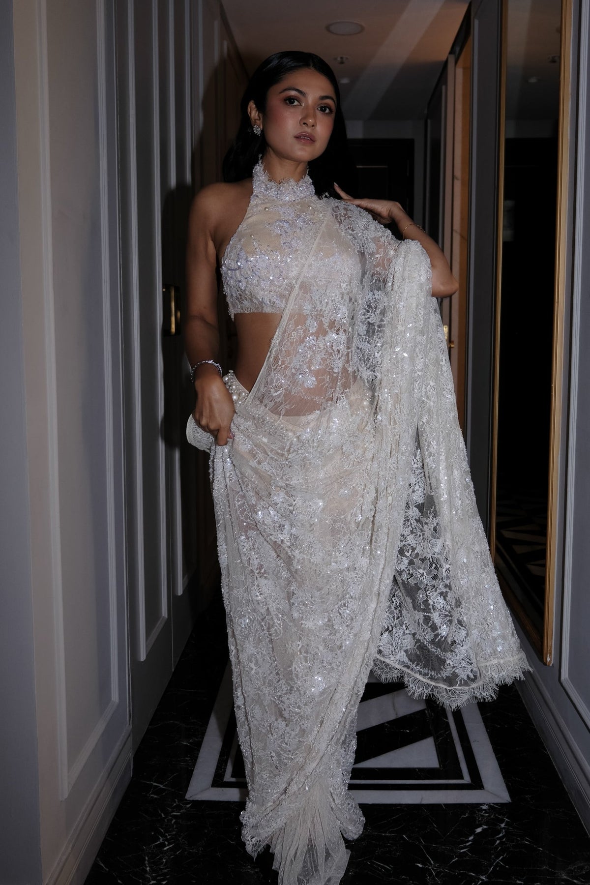 Bugle Bead Embroidery, Vintage Lace & Silk, Stitched Sari Set, Halter Crop Silhouette