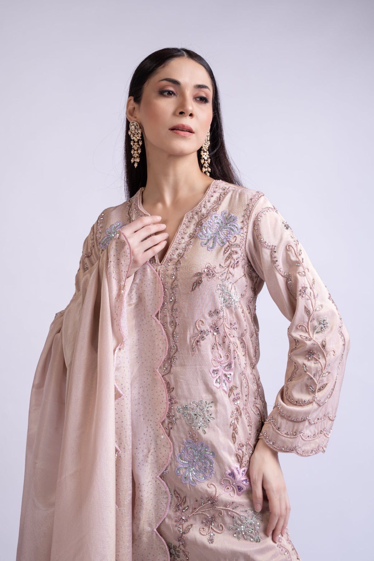 Blush Pink Tissue Embroidered Shirt Set with Dupatta