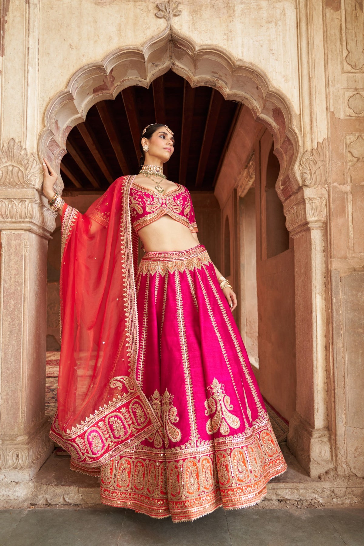 Hot Pink Raw Silk Lehenga with Kashmiri Tilla & Gota Work