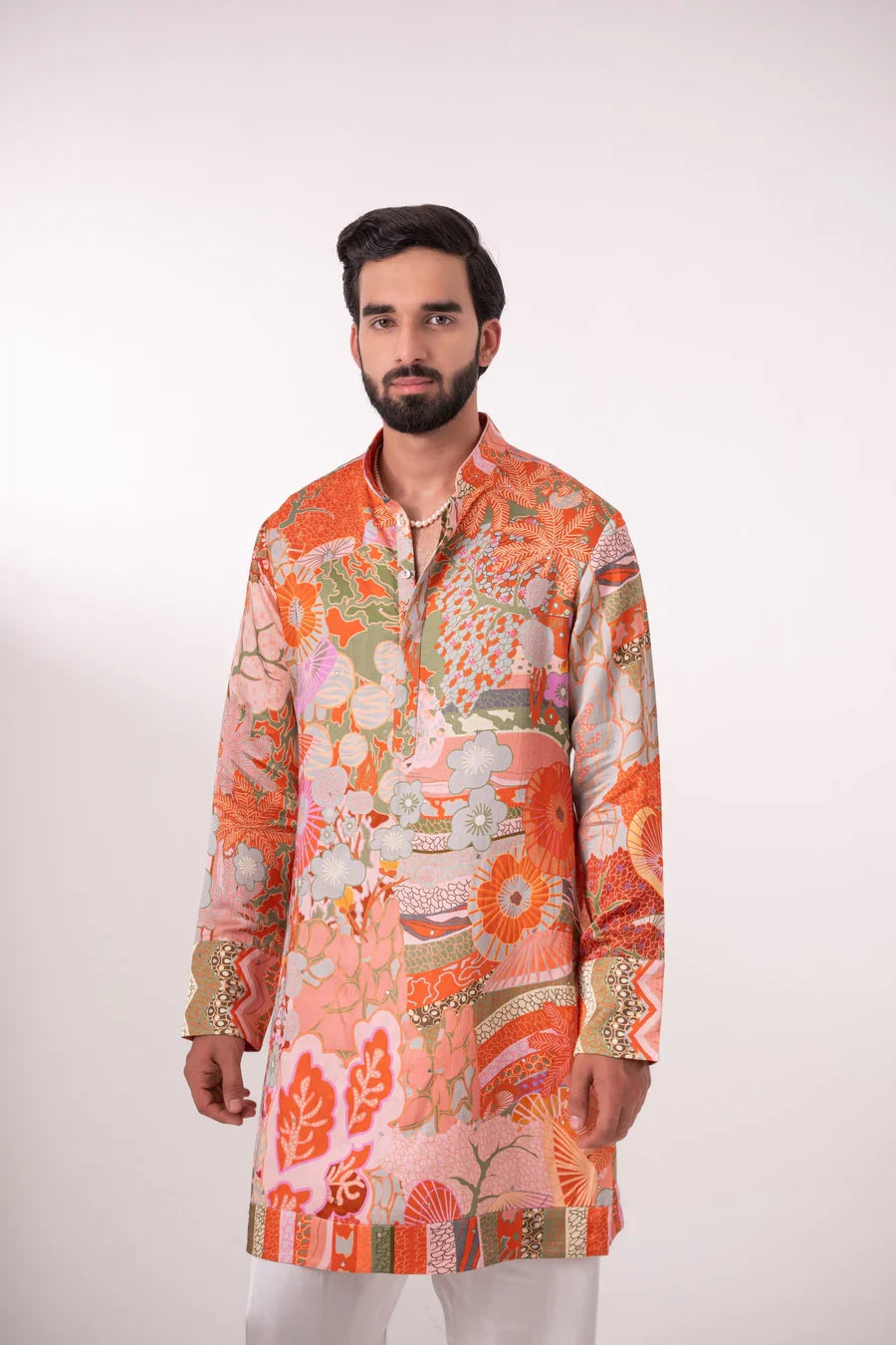 Multi-Color Printed Linen Silk Kurta