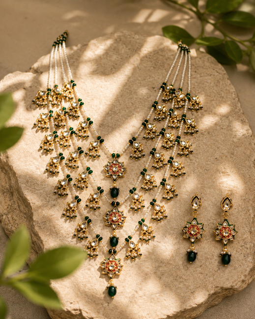 Layered Kundan & Emerald Beaded Necklace Set