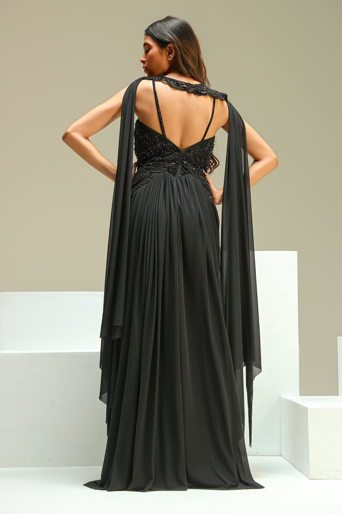 Black Embellished Lycra Gown Set with Cape Dupatta