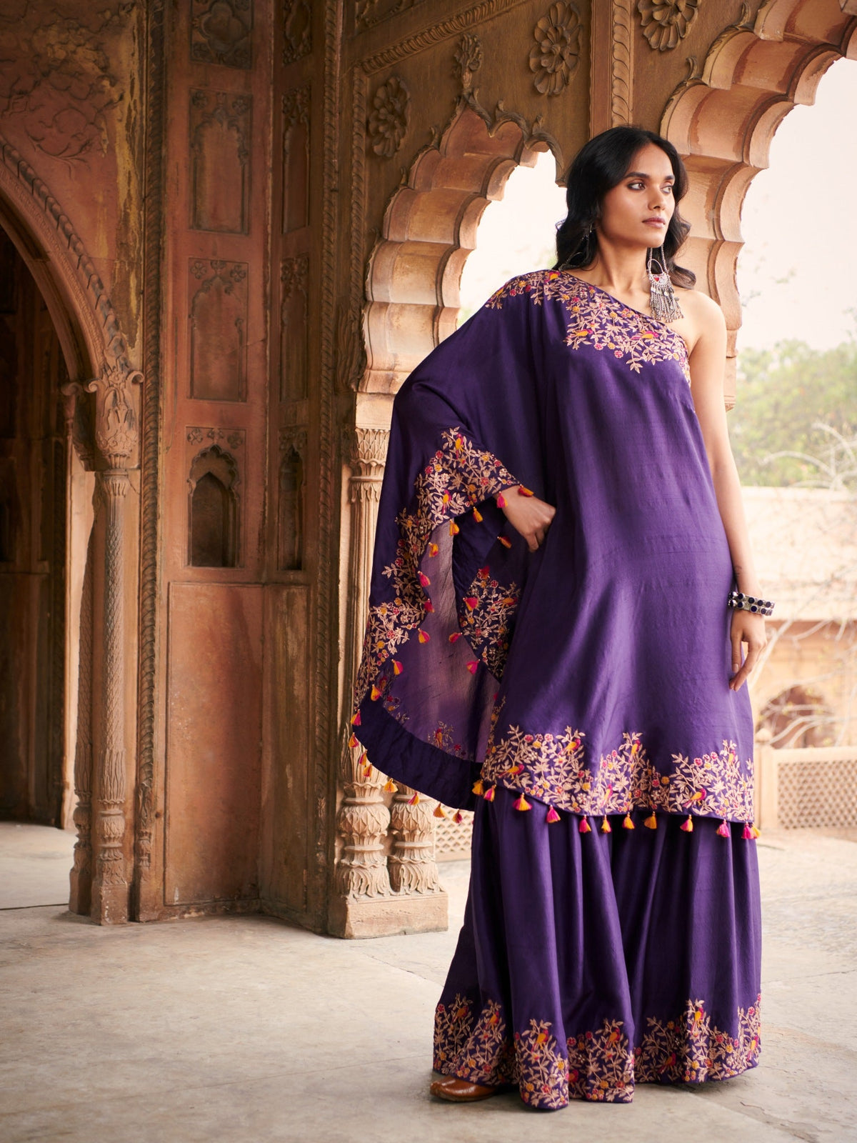 Embroidered one shoulder tunic with a sharara