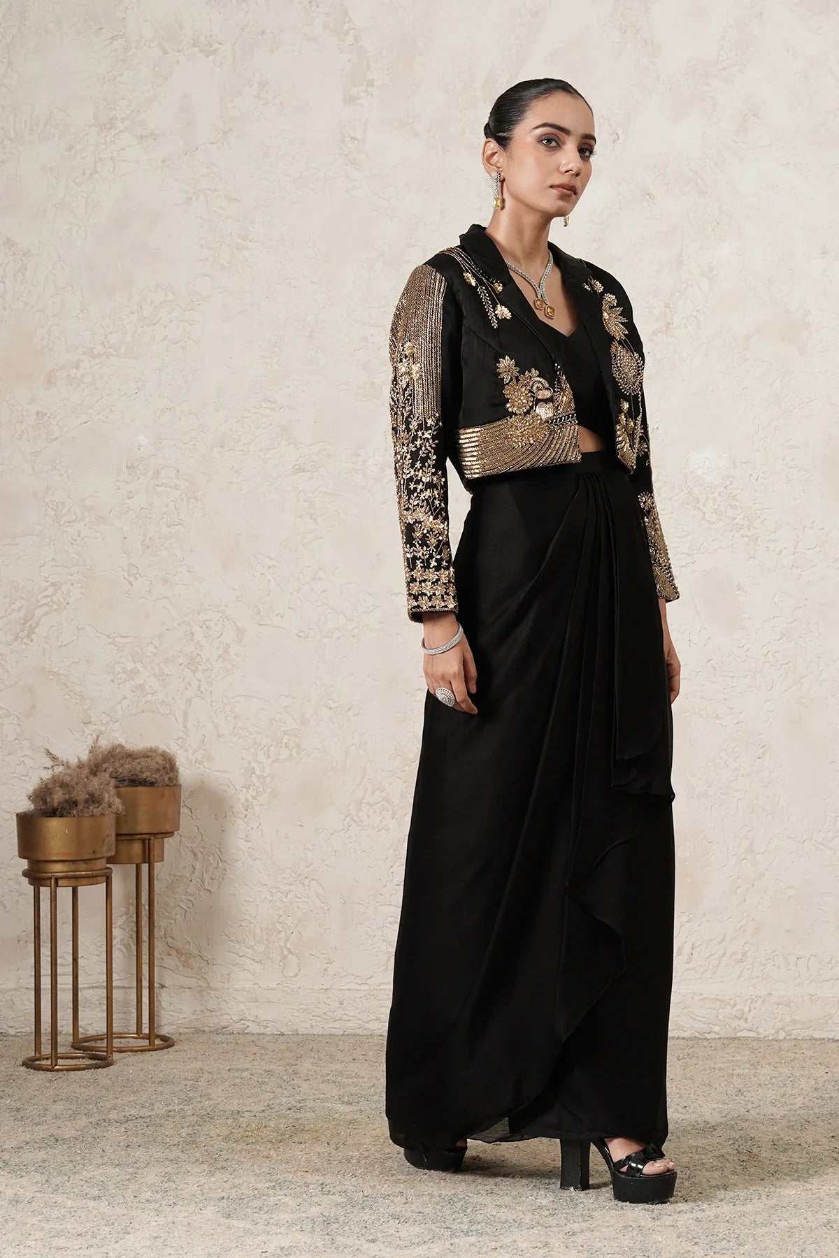 Raat Dhoti Saree Set with Hand-Embroidered Cropped Jacket | Black & Antique Gold | Women | THETAA