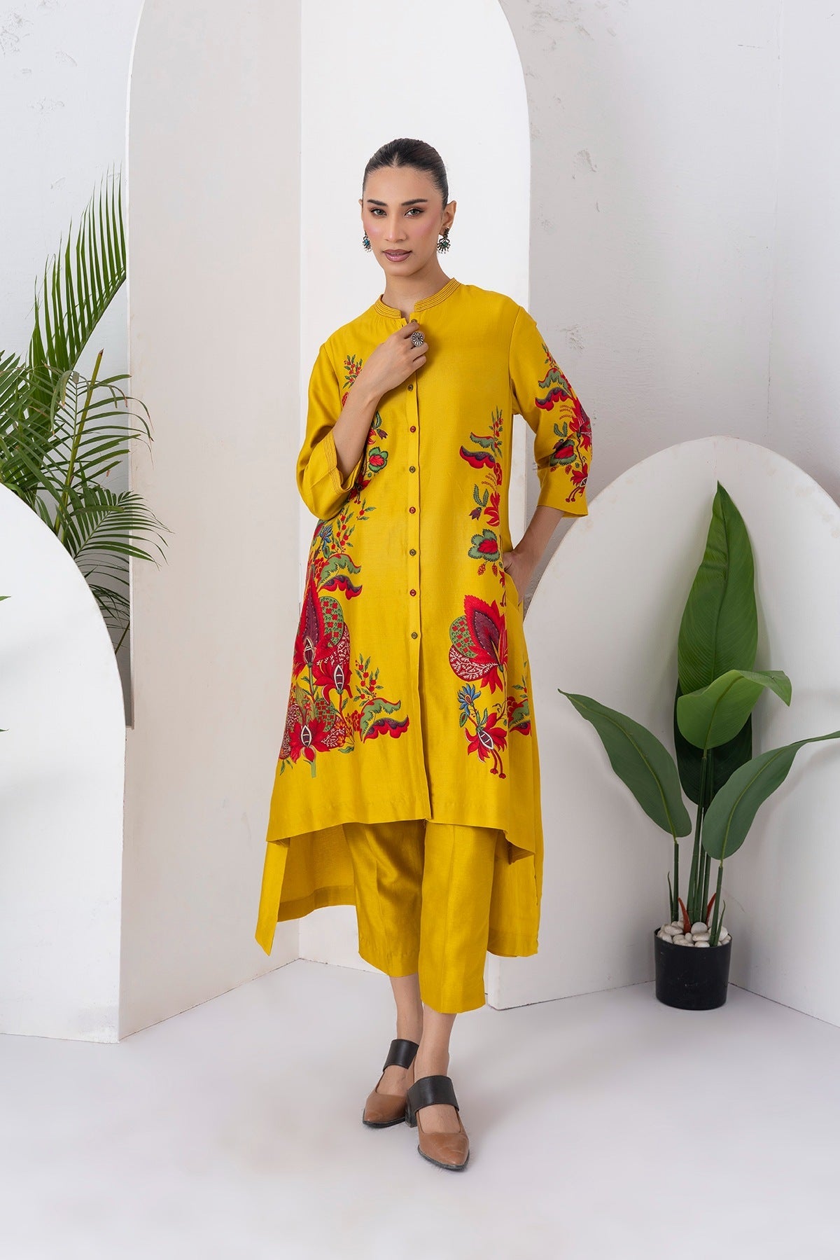 Yellow Silk Chanderi Printed Front Open Floral High-Low Dress Set (3 PCS)