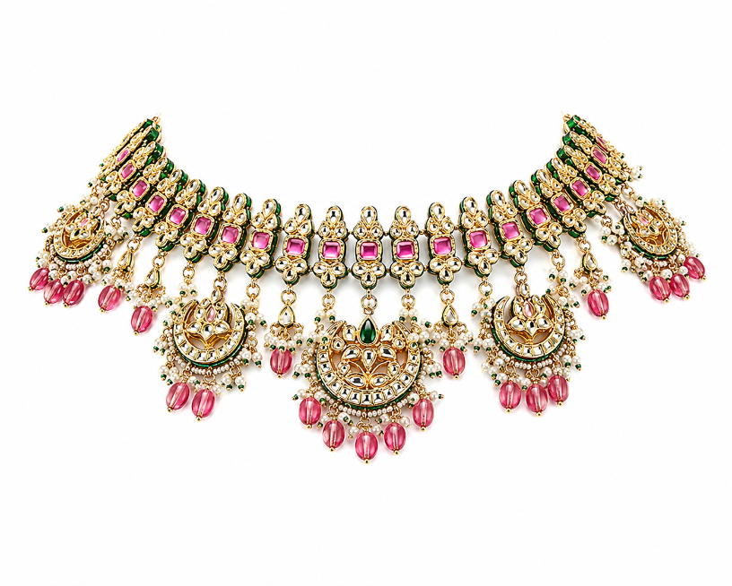 Royal Jaipuri Kundan Ruby Green Choker Necklace Set with Statement earring