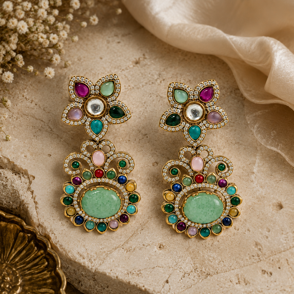 Multicolour Semi-Precious Floral Statement Earrings