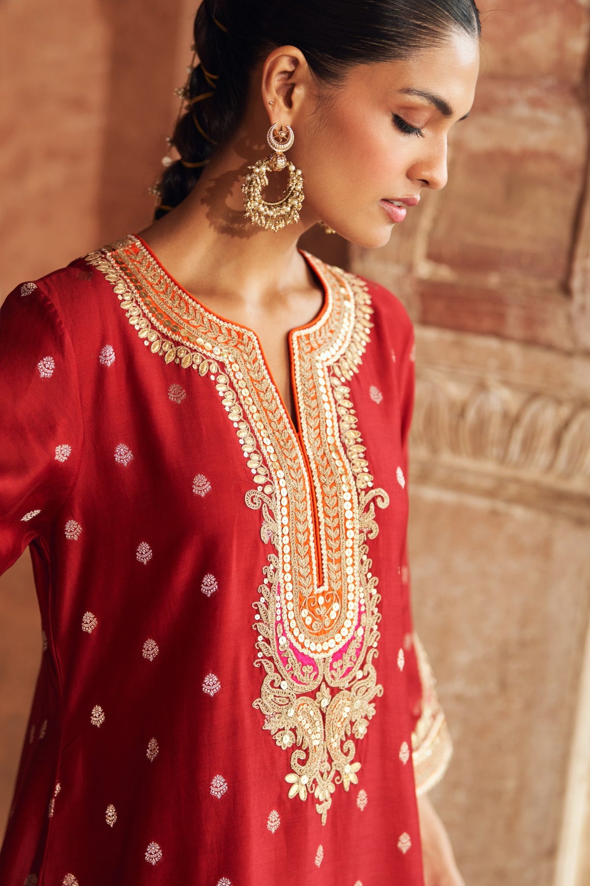 Mehwish Deep Red Silk Banarasi Short Kurta Salwar Suit Set