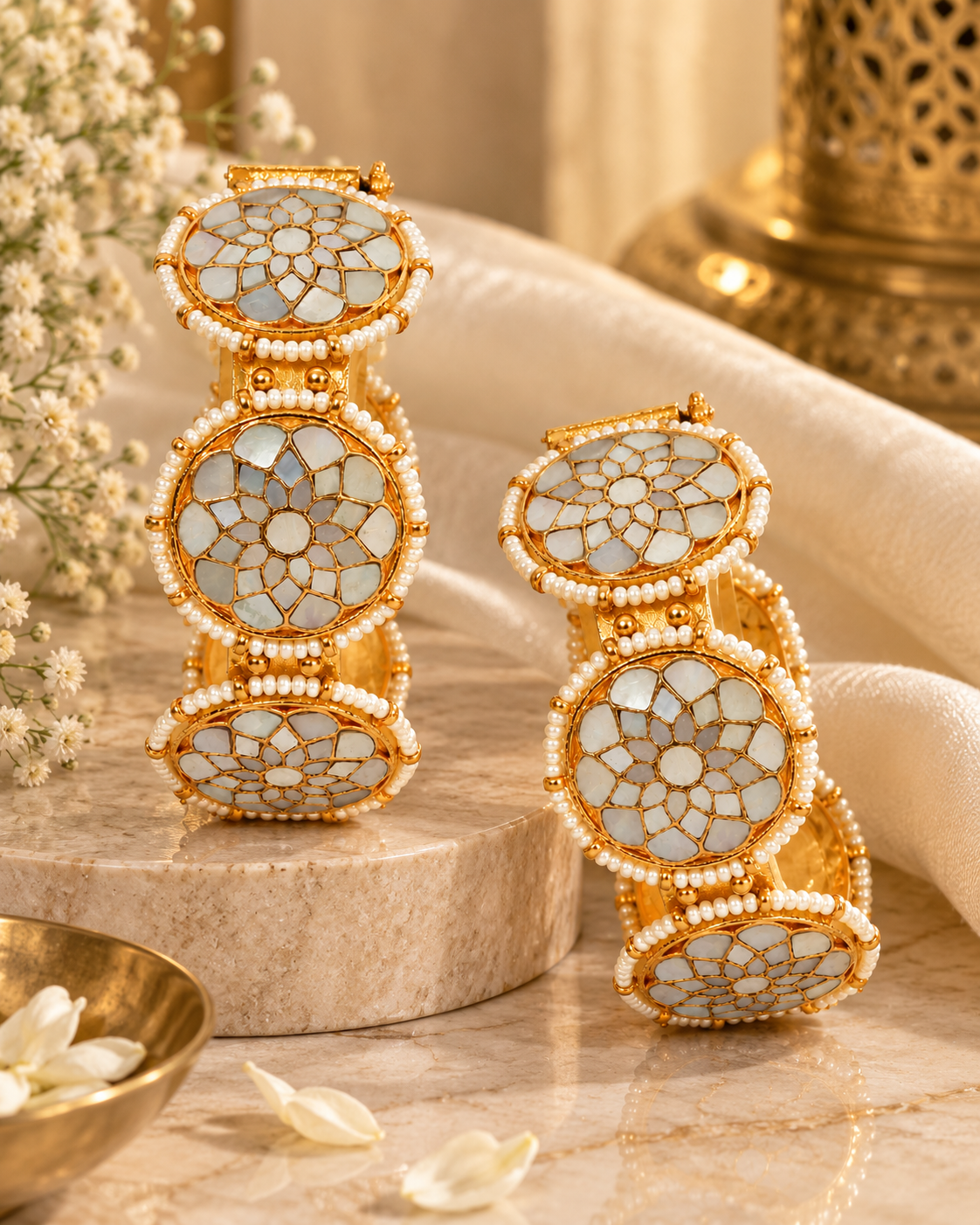 Pearl Kundan Floral Statement Bangles