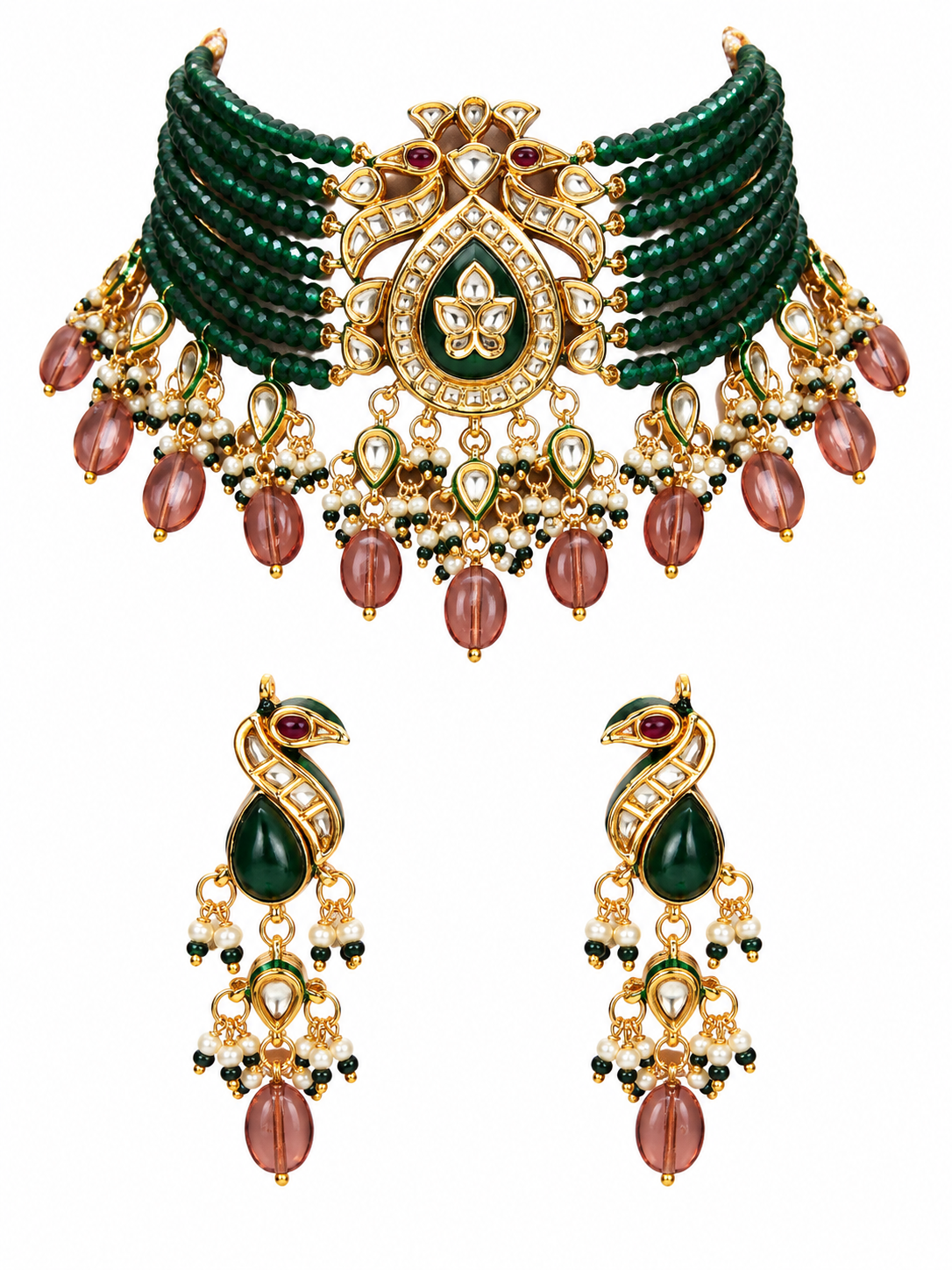 Kundan Peacock Beaded Choker Earring Set