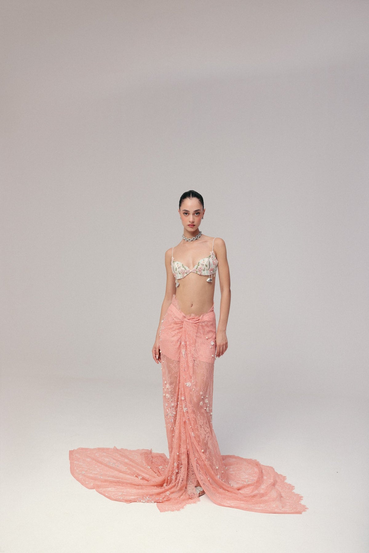 Pearl & Shell Embroidery, Lace & Soft Tulle with Silk, Skirt Set, Blouse Silhouette