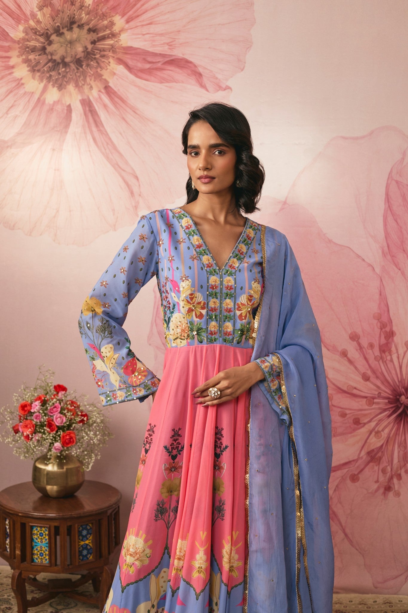 LILAC FLORAL PRINTED COLOR BLOCK GOWN