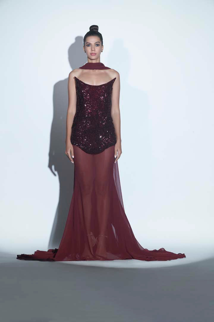 Burgundy Corseted Overlay with Mermaid Skirt