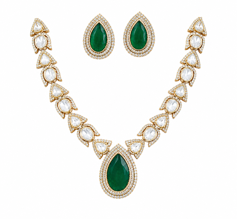 Emerald Green Moissanite Polki Teardrop Pendant Jaipuri Kundan Necklace Set with Statement earring