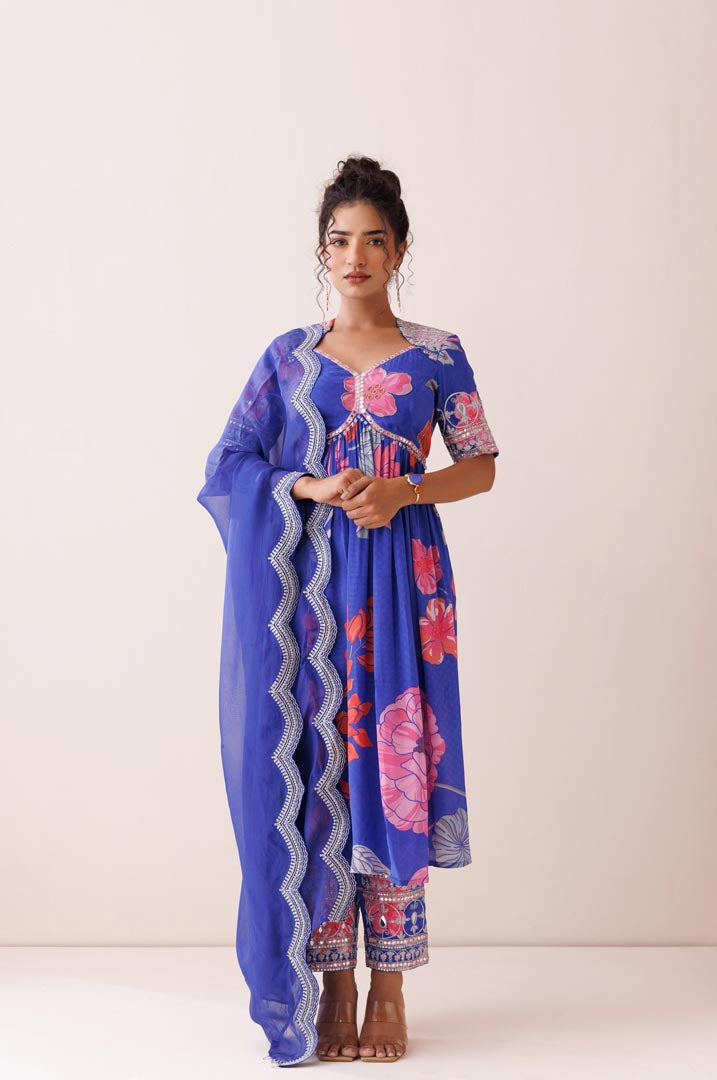 Blue square neck kurta set