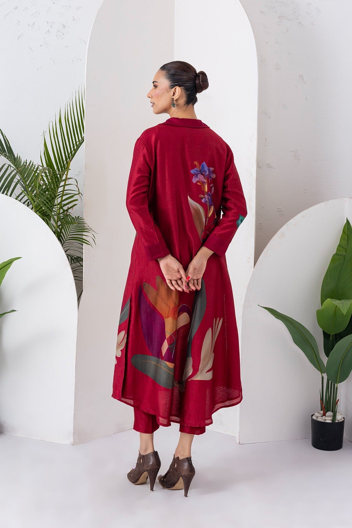 Red Viscose Dupion Printed Front Open Dress Set (3 PCS)
