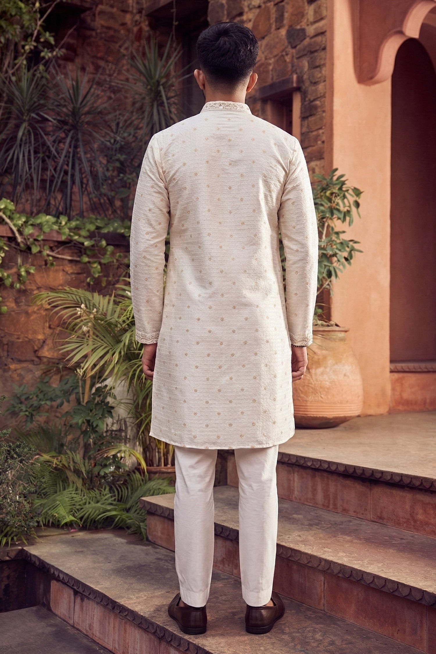 Men's Jacquard Silk Cream Designer Embroidery Work Kurta with payjama