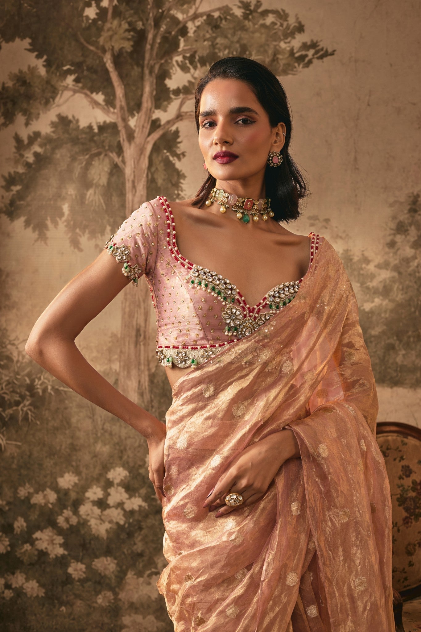 BLUSH PINK TISSUE SILK PRE-DRAPED SAREE
