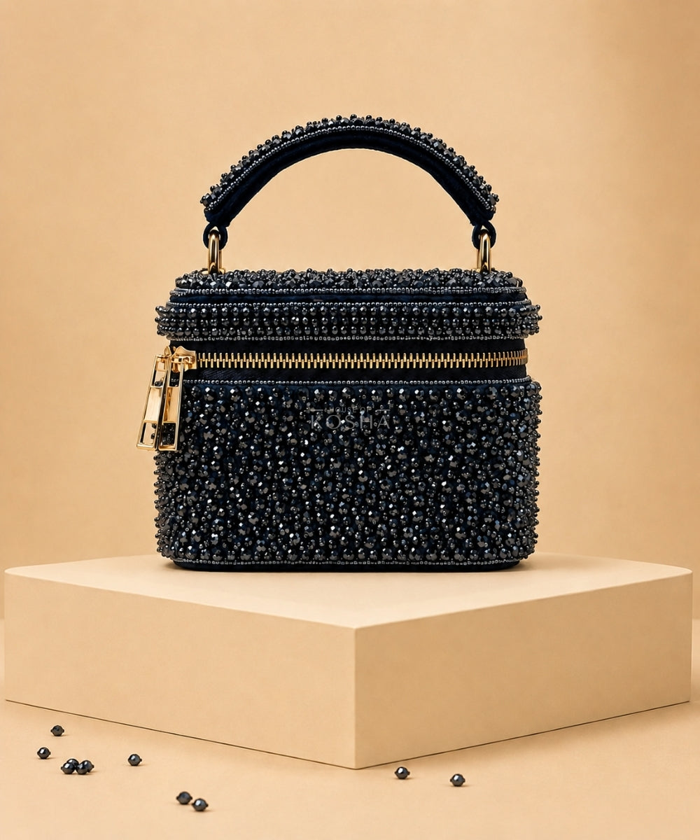 Ziya Navy Blue Suede Embroidered Vanity Bag