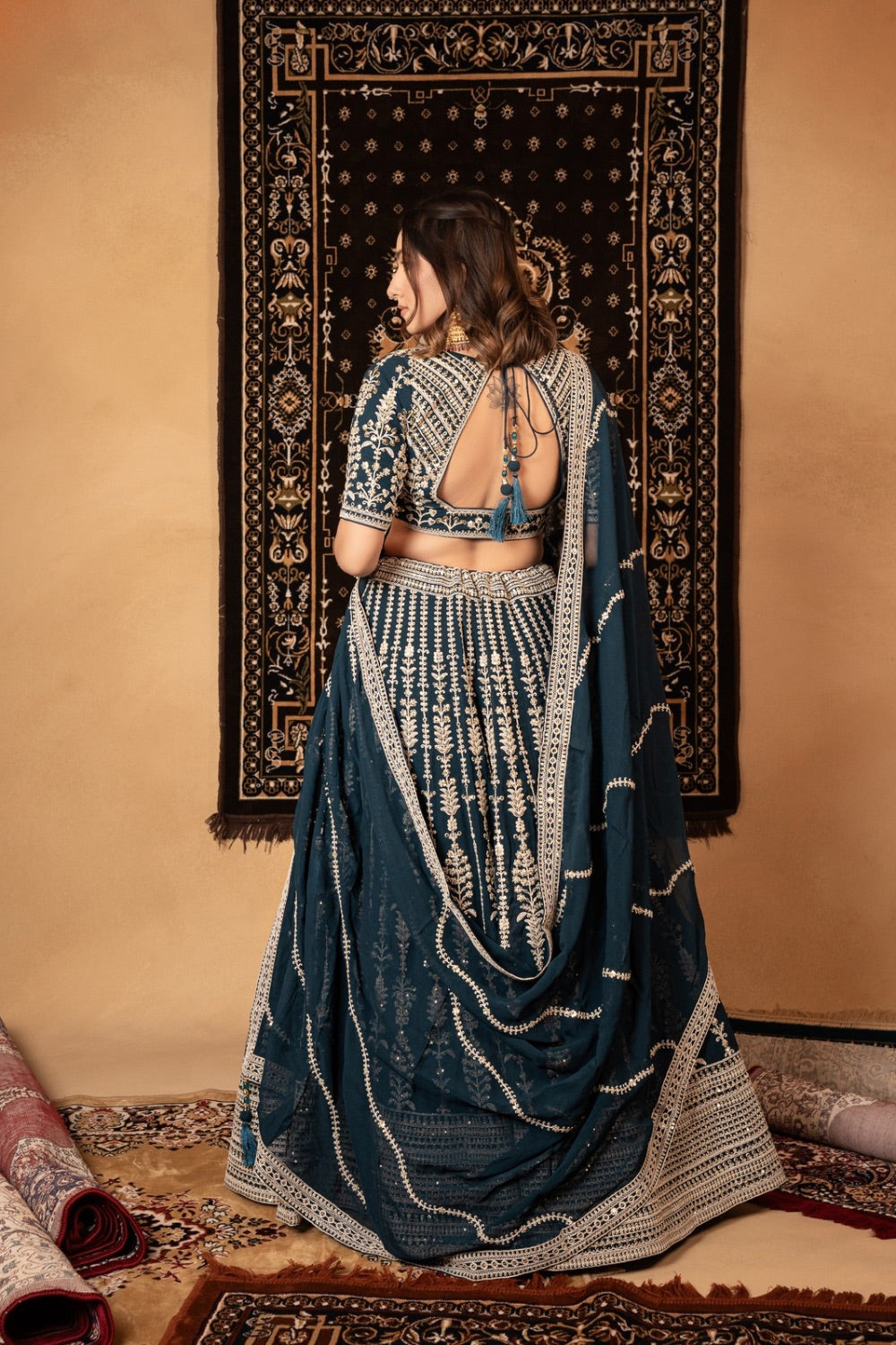 Deep-sea green georgette lehenga with marodi and sequin work