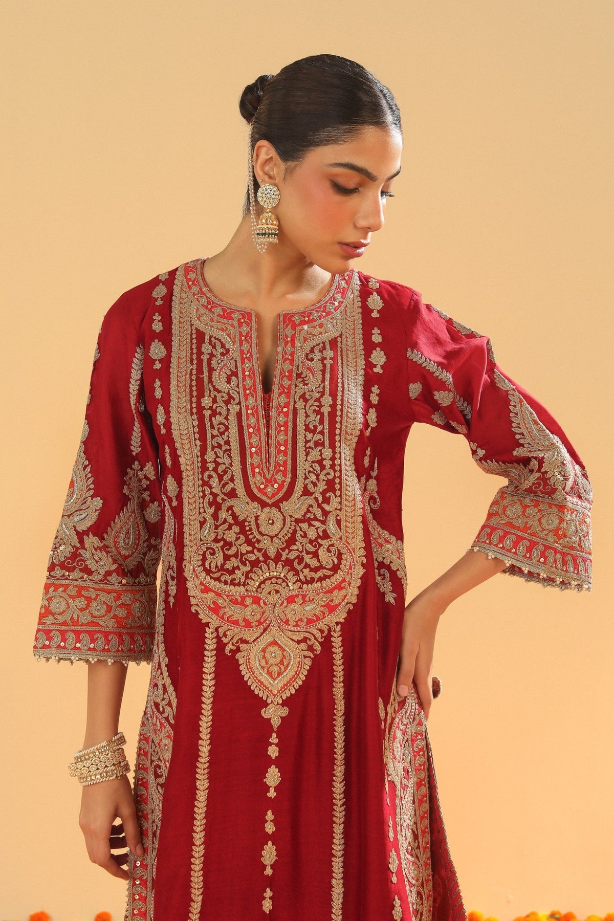 Rua - Deep Red Long A-line Kurta with Palazzo and Dupatta