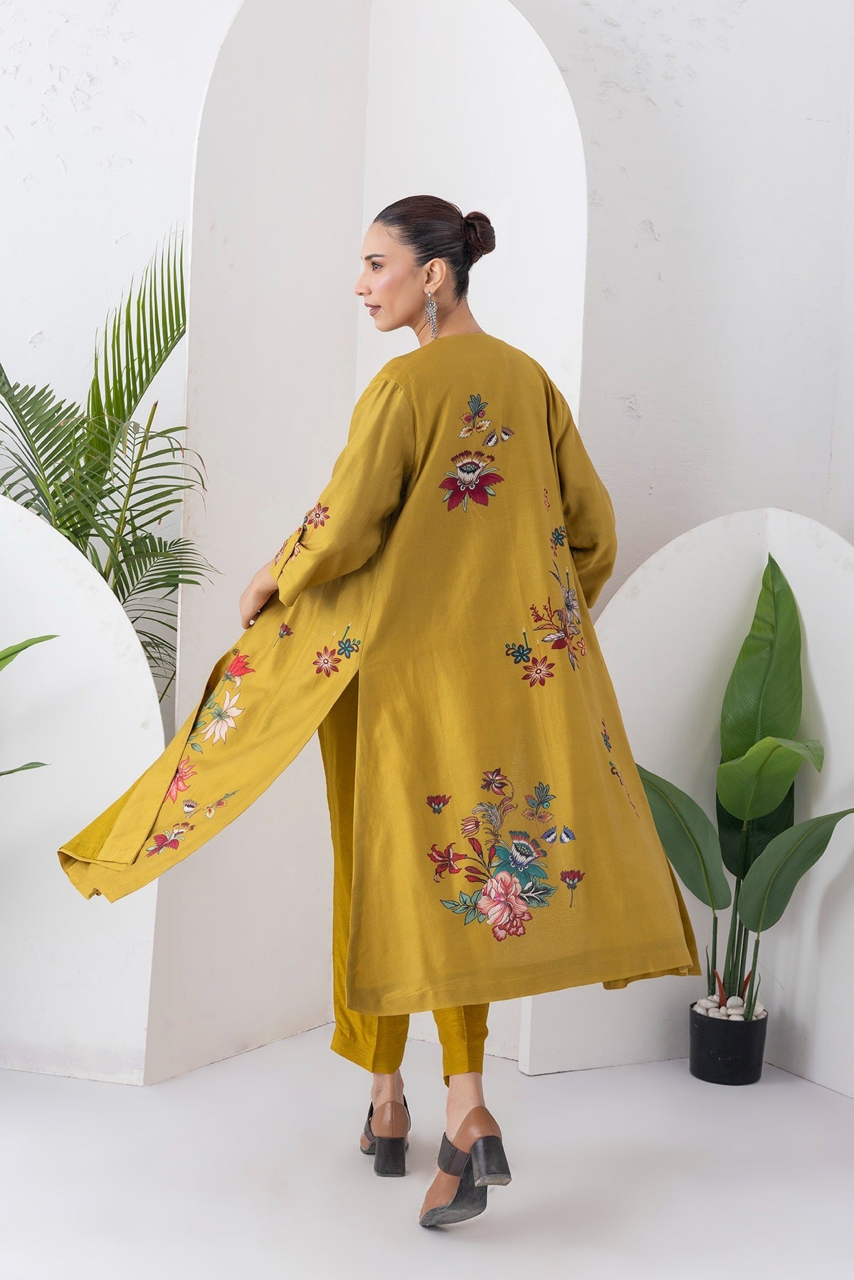 Mustard Silk Chanderi Printed High-Low Dress Set (3 PCS)