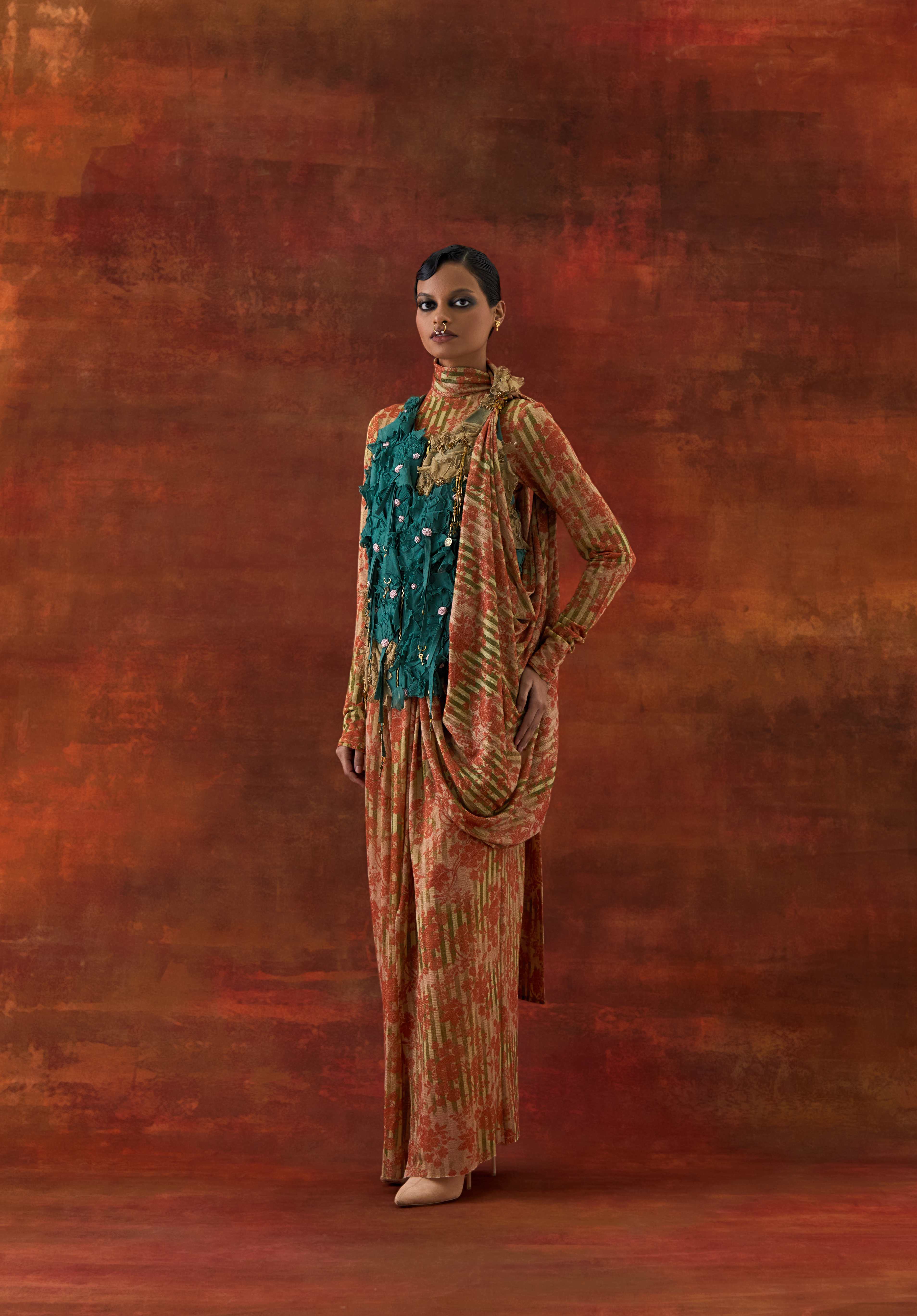 3D FLOWER RACER BACK JACKET WITH GOLD JERSEY DRAPED SARI - image 2