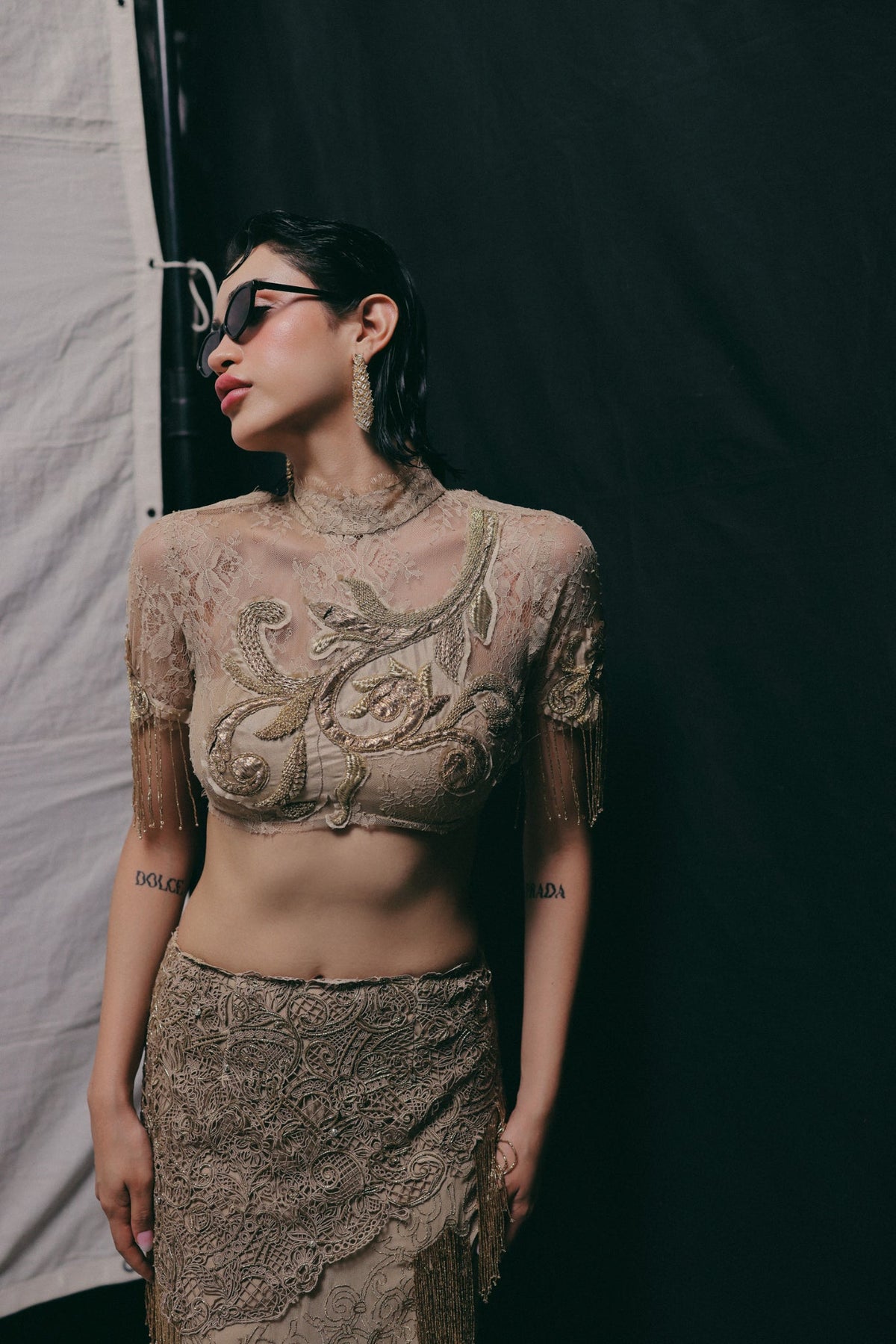 Filigree & Zardosi Embroidery, French Lace & Silk Georgette, Skirt Set, Structured Blouse Silhouette